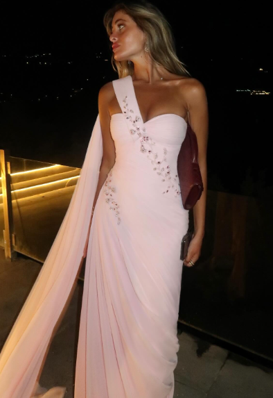 Mermaid One Shoulder Light Pink Chiffon Beads Long Prom Dress