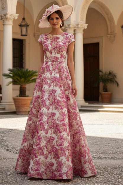 Round Neck Short Sleeves Jacquard Formal Dress