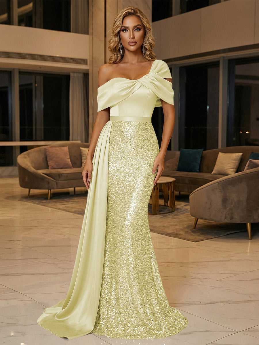 Sequin Mermaid One Shoulder Pleated Formal Dresses