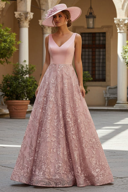 Lace Appliques A-Line V Neck Pleated Formal Dresses