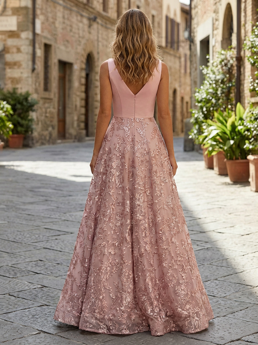 Lace Appliques A-Line V Neck Pleated Formal Dresses