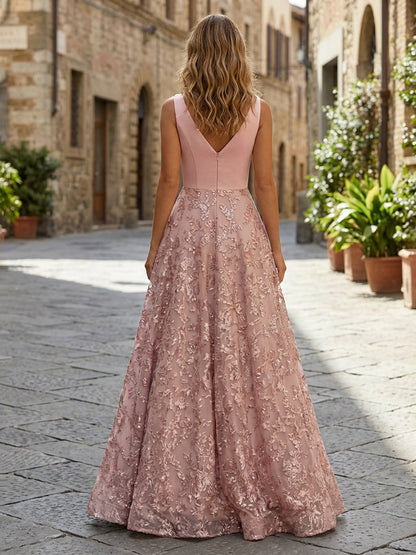 Lace Appliques A-Line V Neck Pleated Formal Dresses