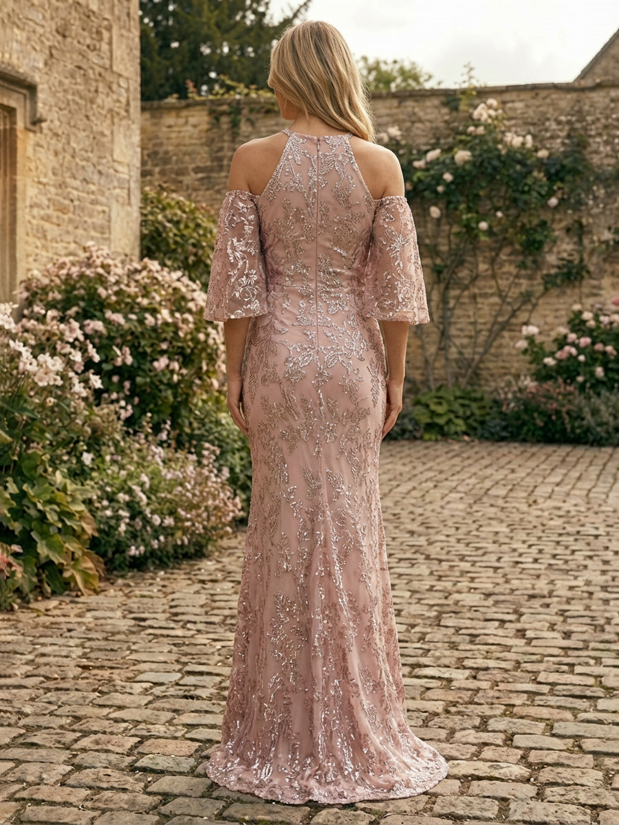 Lace Appliques Mermaid Halter Floor Length Formal Dresses
