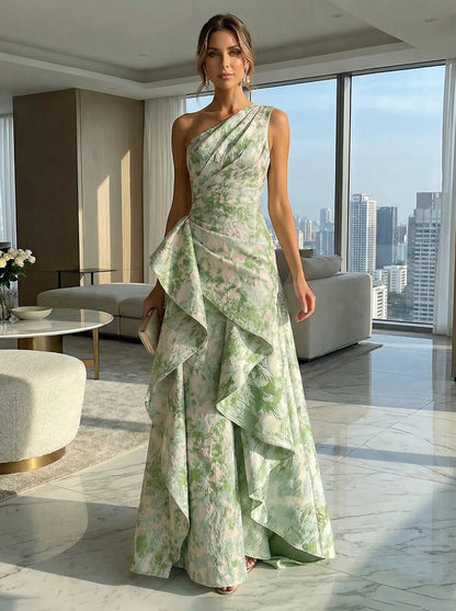 A-Line Floral One Shoulder Formal Dresses with Ruffles