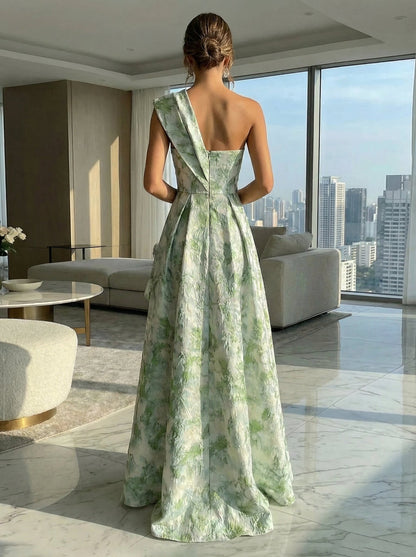 A-Line Floral One Shoulder Formal Dresses with Ruffles