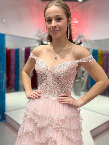 Glamorous Champagne Beaded Tiered Ruffle Corset Prom Dress with Slit