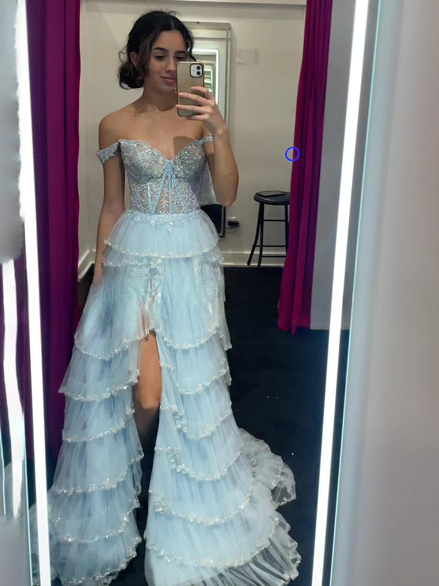 Glamorous Champagne Beaded Tiered Ruffle Corset Prom Dress with Slit