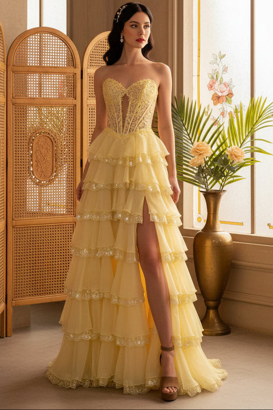 Glamorous Strapless Lace Corset Tiered Tulle Prom Dress