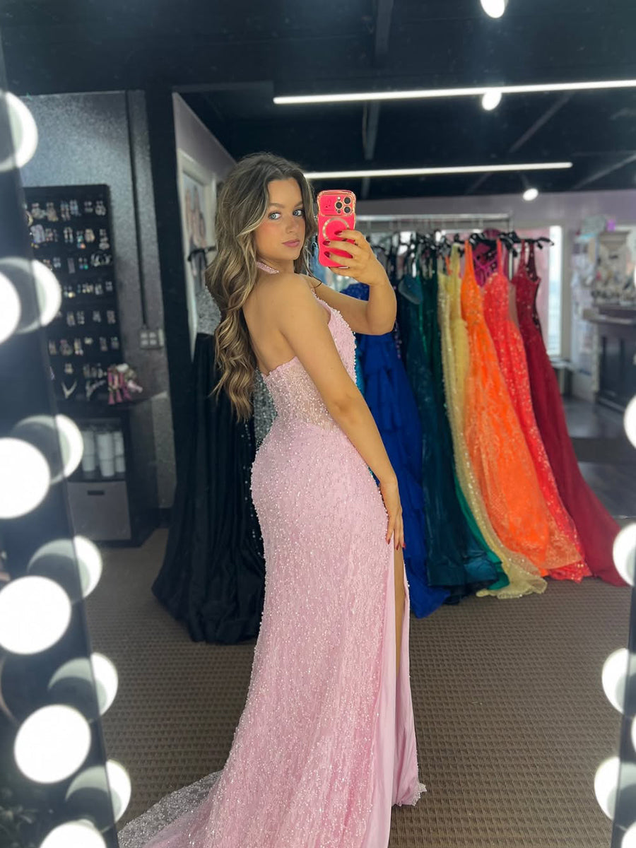 Glamorous Light Pink Beaded Halter Prom Dress with High Slit