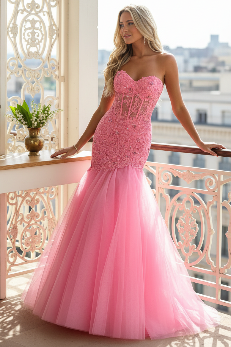 Glitter Pink Corset Sweetheart Tulle Mermaid Long Prom Dress