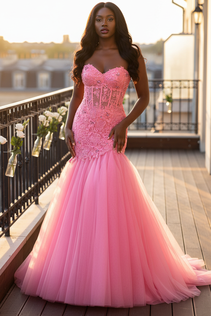 Glitter Pink Corset Sweetheart Tulle Mermaid Long Prom Dress