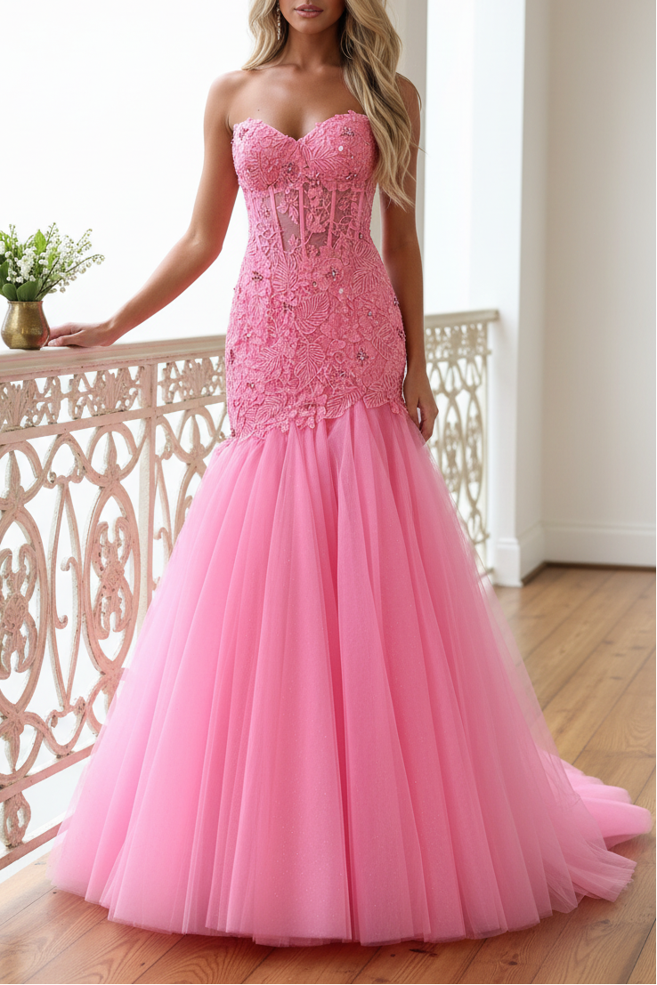 Glitter Pink Corset Sweetheart Tulle Mermaid Long Prom Dress