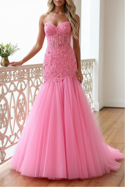 Glitter Pink Corset Sweetheart Tulle Mermaid Long Prom Dress