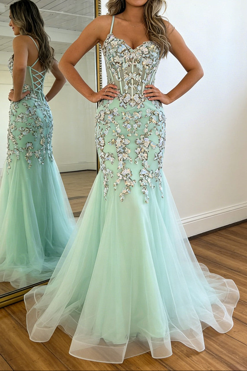 Glitter Mermaid Sequin Mint Green Spaghetti Straps Corset Prom Dress