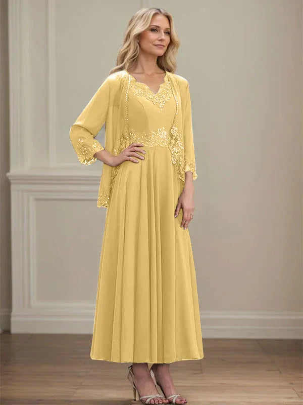 A-line V-Neck Ankle-Length Chiffon Mother of the Bride Dress