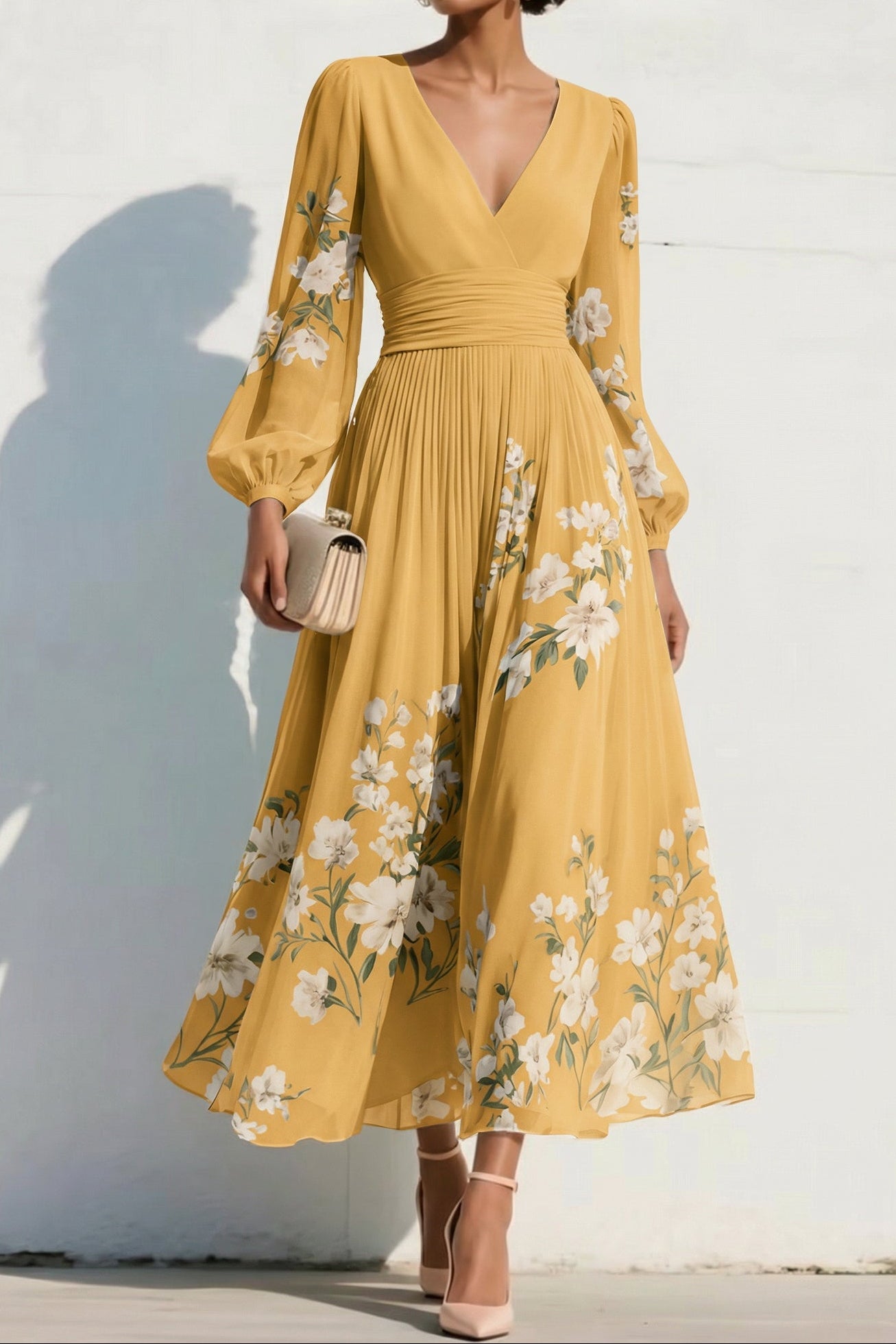 V-Neck Print-Chiffon Pleated Tea-Length Mother of the Bride Dress