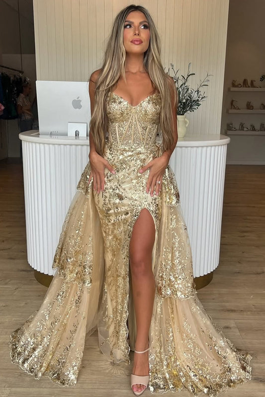 Gold Sequin Train Sweetheart A-Line Lace Long Prom Dress
