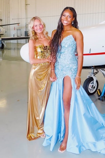 Gold Strapless Ruched Empire Metallic Party Prom Dress With Train