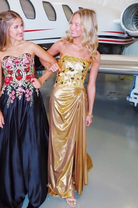 Gold Strapless Ruched Empire Metallic Party Prom Dress With Train