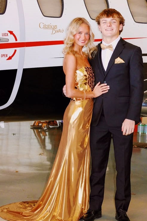 Gold Strapless Ruched Empire Metallic Party Prom Dress With Train