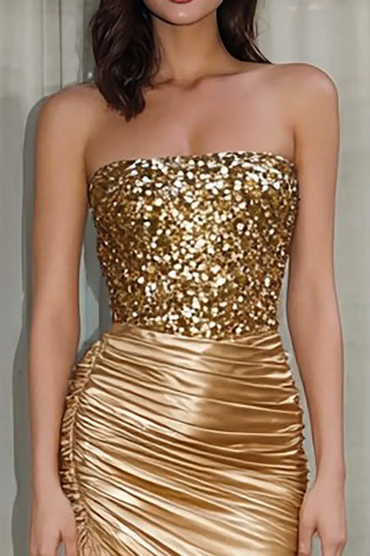 Gold Strapless Ruched Empire Two Tone Party Prom Dress