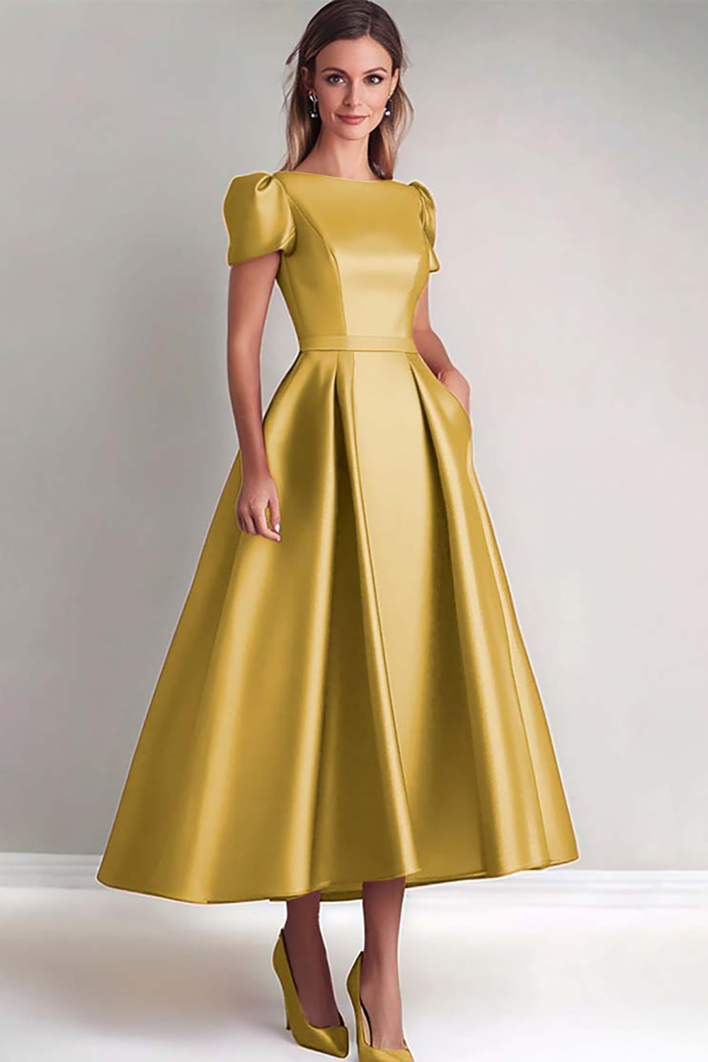 Black A Line Mother of the Bride Dress with Puff Sleeves