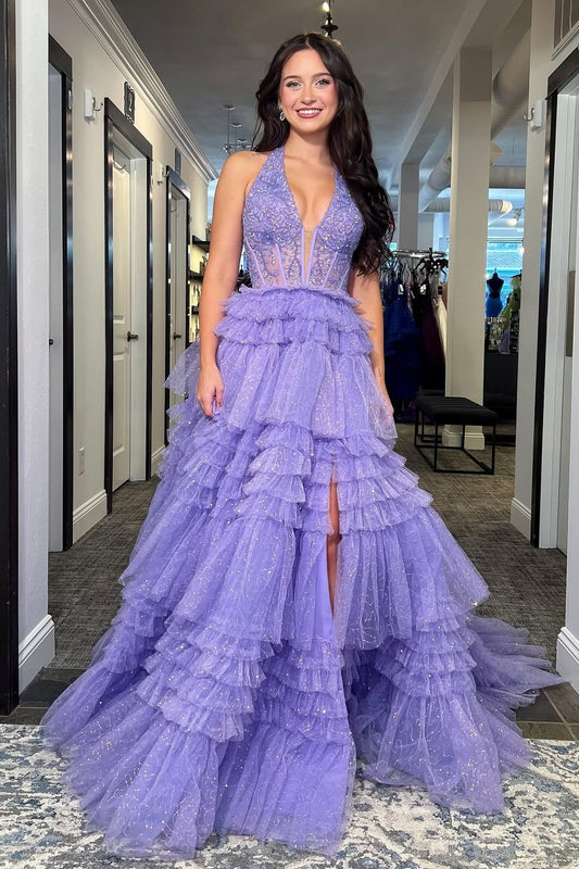 Gorgeous A Line Halter Neck Lilac Tulle Long Prom Dress