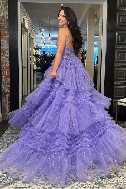Gorgeous A Line Halter Neck Lilac Tulle Long Prom Dress