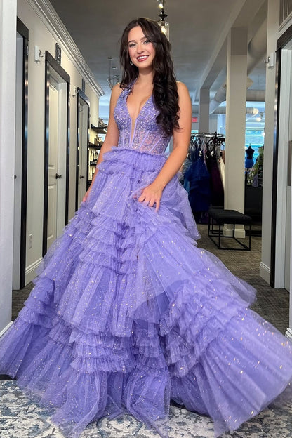 Gorgeous A Line Halter Neck Lilac Tulle Long Prom Dress