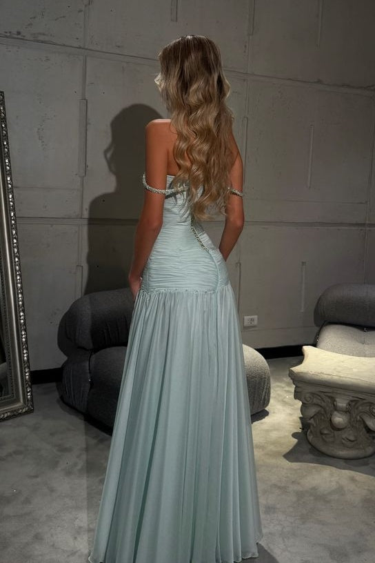Gorgeous A Line Off the Shoulder Light Blue Long Prom Dress with Beading