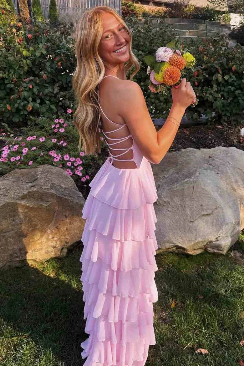 Gorgeous A Line Spaghetti Straps Pink Long Prom Dress with Ruffles