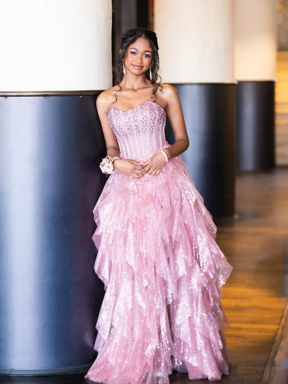 Gorgeous A Line Strapless Pink Corset Long Prom Dress with Beading
