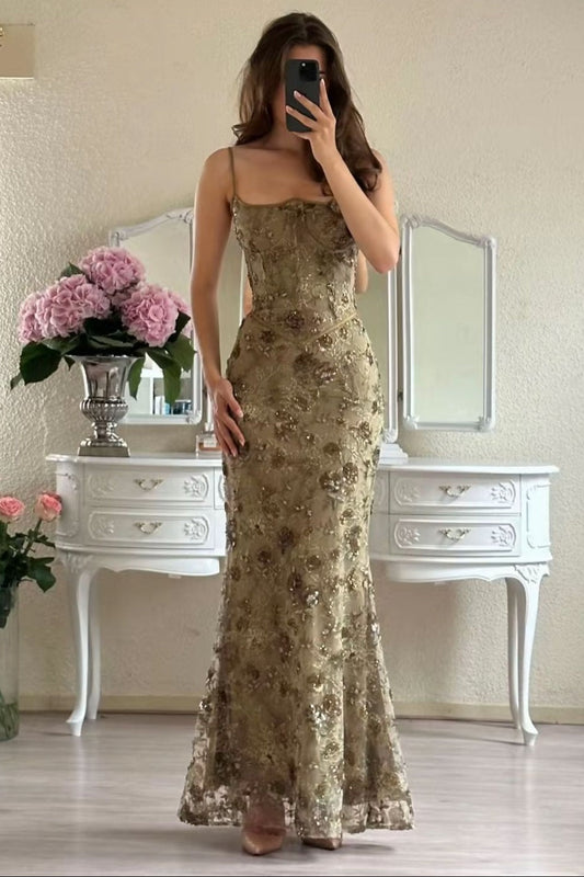 Gorgeous Mermaid Spaghetti Straps Green Lace Long Prom Dress