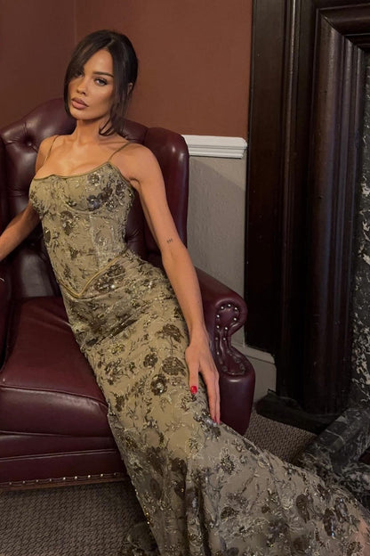 Gorgeous Mermaid Spaghetti Straps Green Lace Long Prom Dress