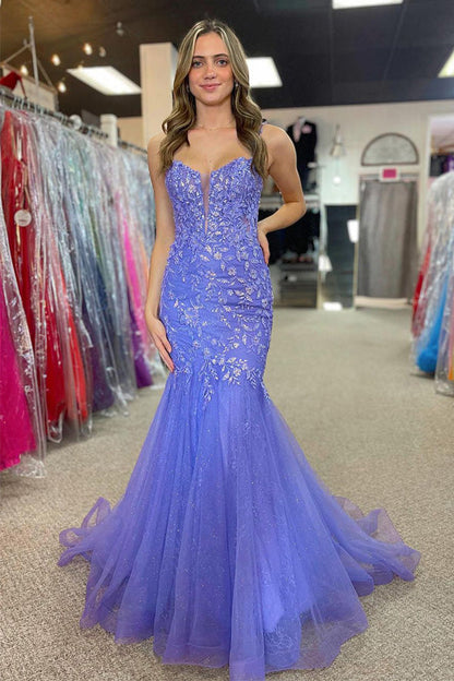 Gorgeous Mermaid Straps Lilac Long Prom Dress with Appliques