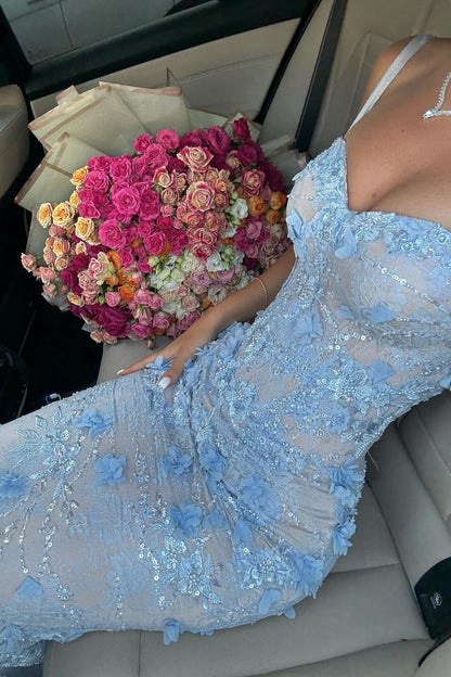 Gorgeous Mermaid Sweetheart Light Blue Long Prom Dress with Appliques