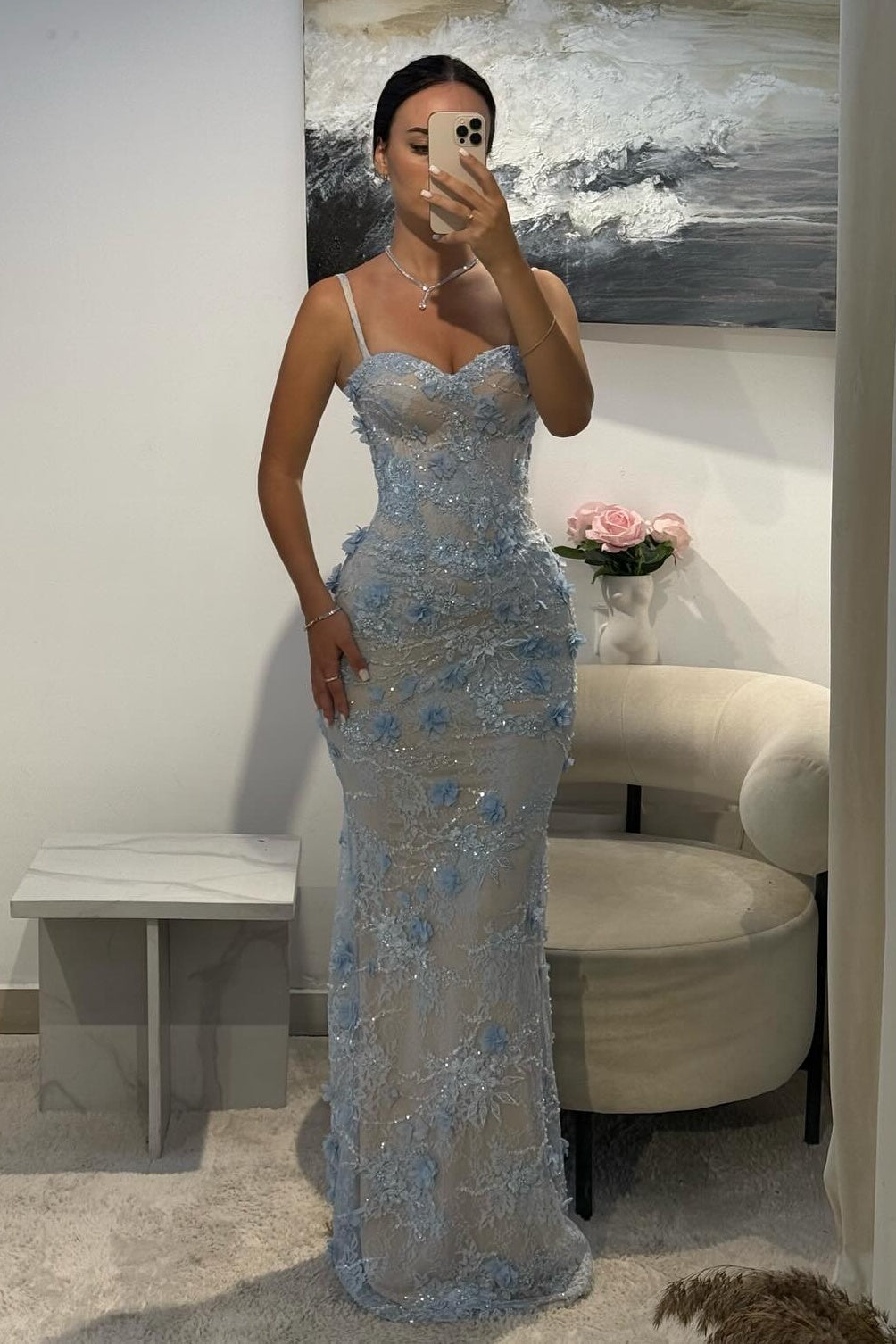 Gorgeous Mermaid Sweetheart Light Blue Long Prom Dress with Appliques