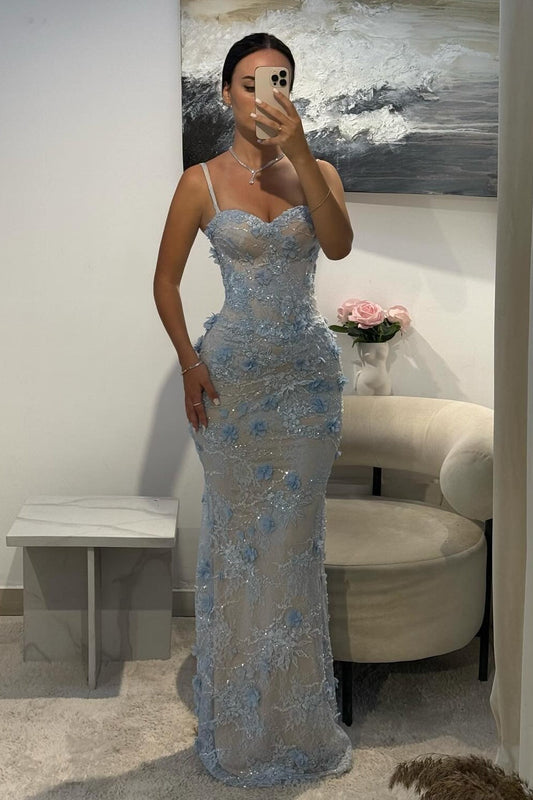 Gorgeous Mermaid Sweetheart Light Blue Long Prom Dress with Appliques