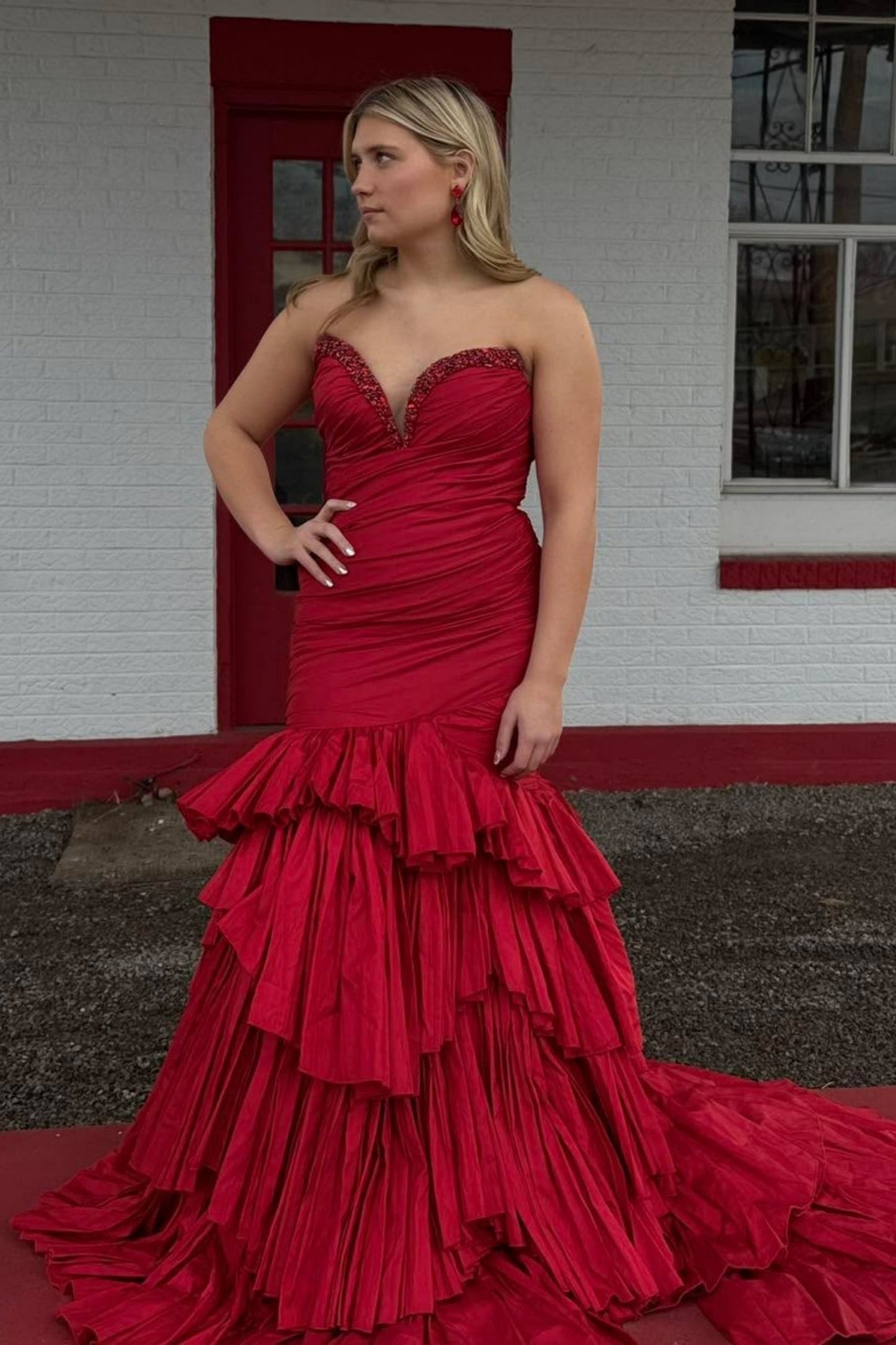 Gorgeous Strapless Mermaid Red Satin Long Prom Dress with Beadings