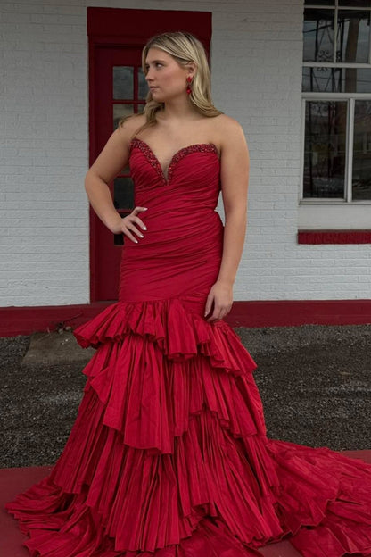 Gorgeous Strapless Mermaid Red Satin Long Prom Dress with Beadings