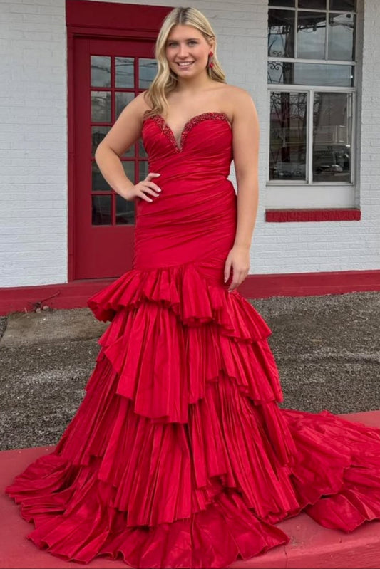 Gorgeous Strapless Mermaid Red Satin Long Prom Dress with Beadings
