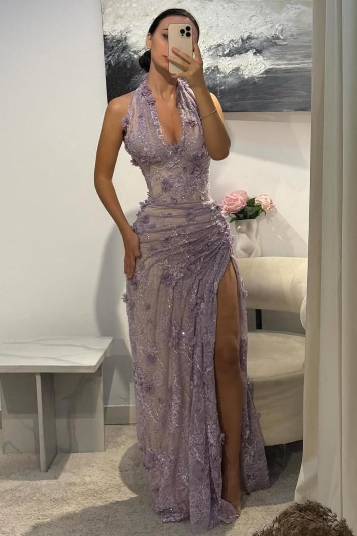 Light Blue 3D Floral Lace Halter Prom Dress with Beaded