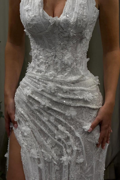 Light Blue 3D Floral Lace Halter Prom Dress with Beaded