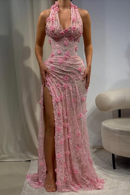 Light Blue 3D Floral Lace Halter Prom Dress with Beaded