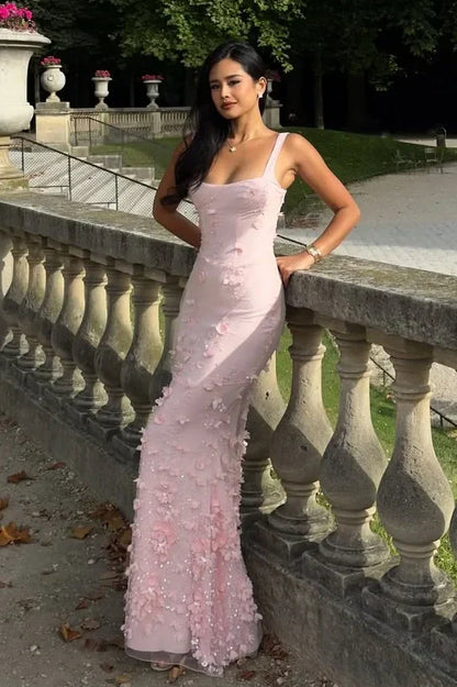 Gorgeous Mermaid Square Neck Pink Long Prom Dress with Flowers