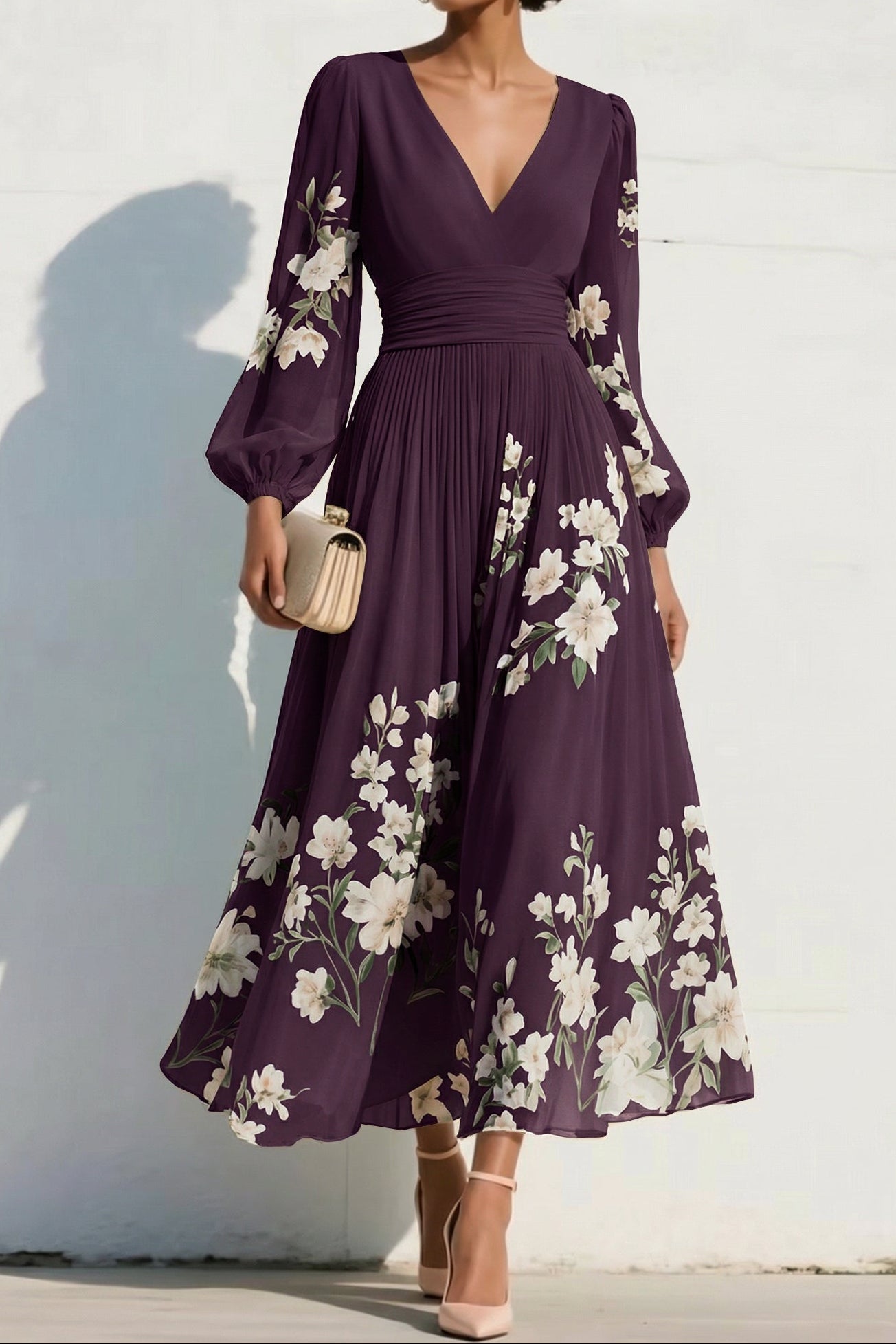 V-Neck Print-Chiffon Pleated Tea-Length Mother of the Bride Dress