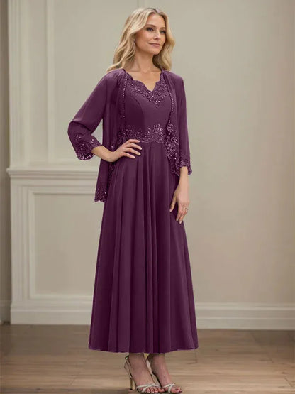 A-line V-Neck Ankle-Length Chiffon Mother of the Bride Dress