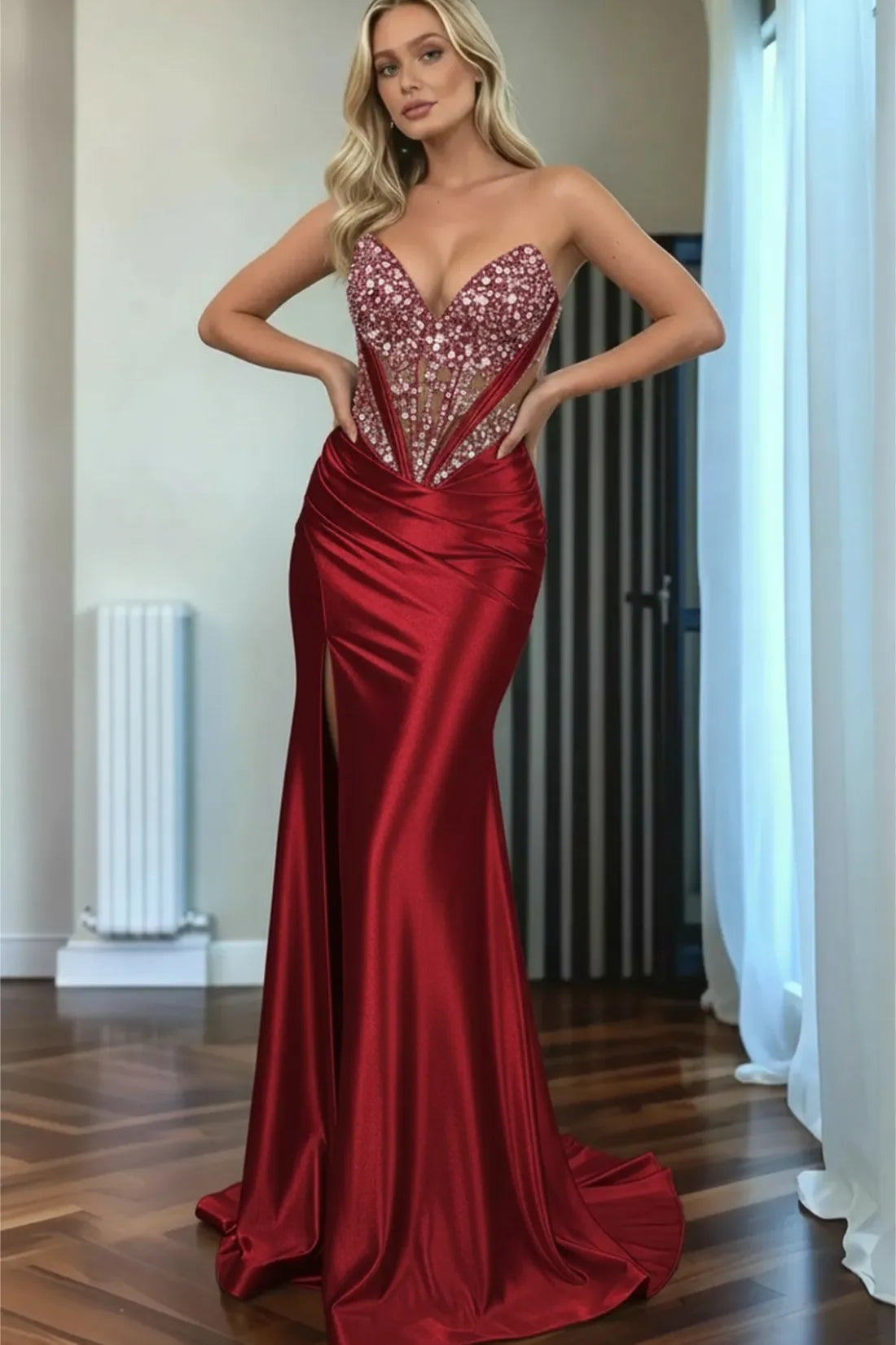Beaded Mermaid Prom Dress Sweetheart Satin Formal Dress