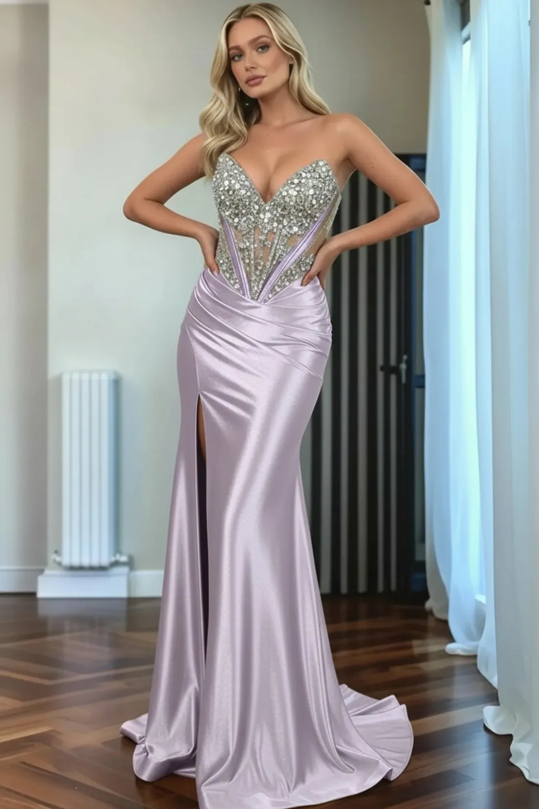 Beaded Mermaid Prom Dress Sweetheart Satin Formal Dress