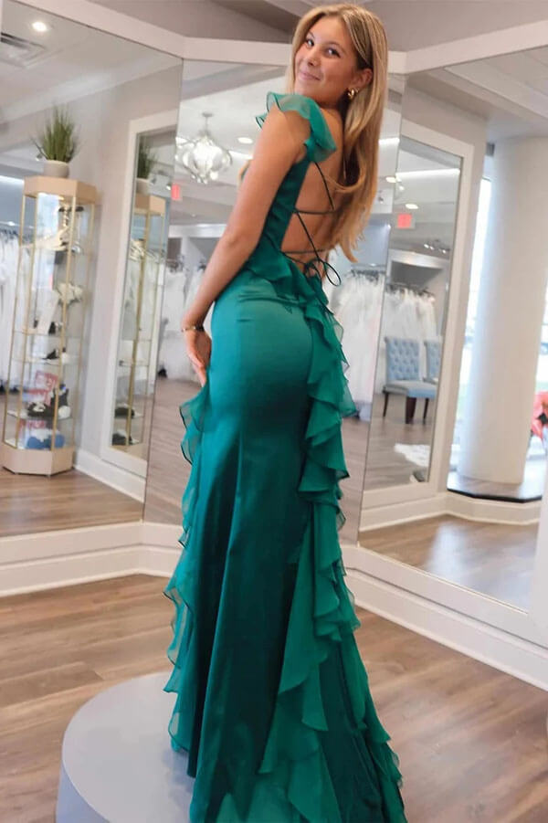 Green Chiffon Mermaid Square Neck Ruffled Prom Dress